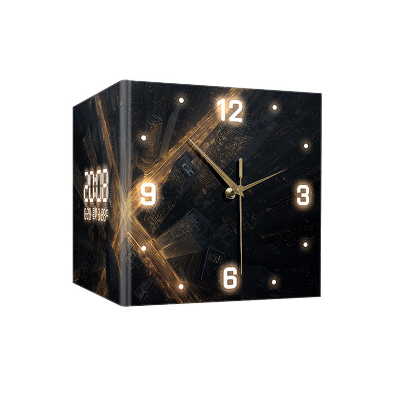 Modern Double-Sided Acrylic Wall Clock – Silent Needle Electronic Display With Abstract City Design
