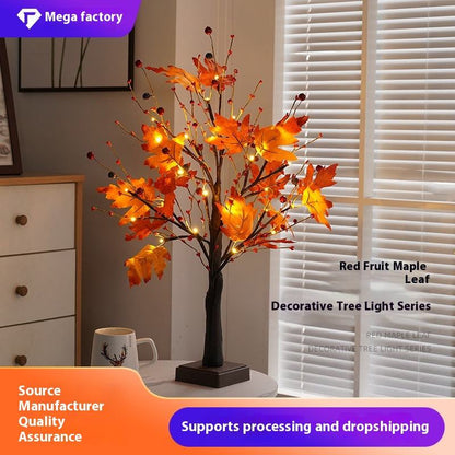 Tree IP65 Waterproof LED Maple Leaf Tree Lamp – Red Fruit Design, Indoor/Outdoor Decorative Lighting for Christmas, Harvest, Parties & Home Décor