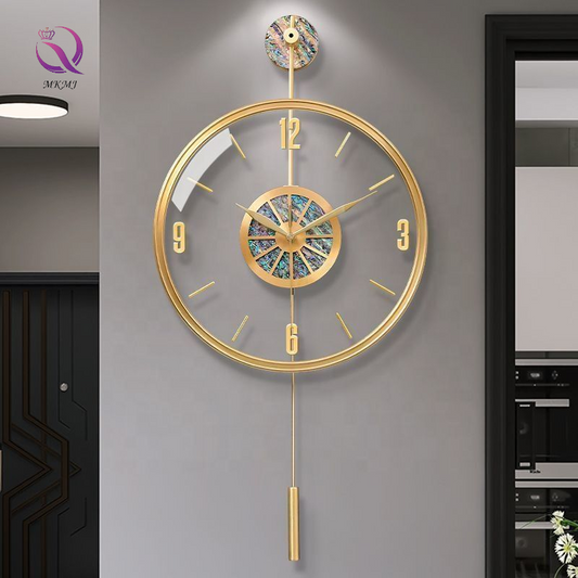 Modern Luxury Clear Glass Gold Metal Brass Wall Clock Colorful Shell Hanging Wall Clock for Living Room Home Decoration