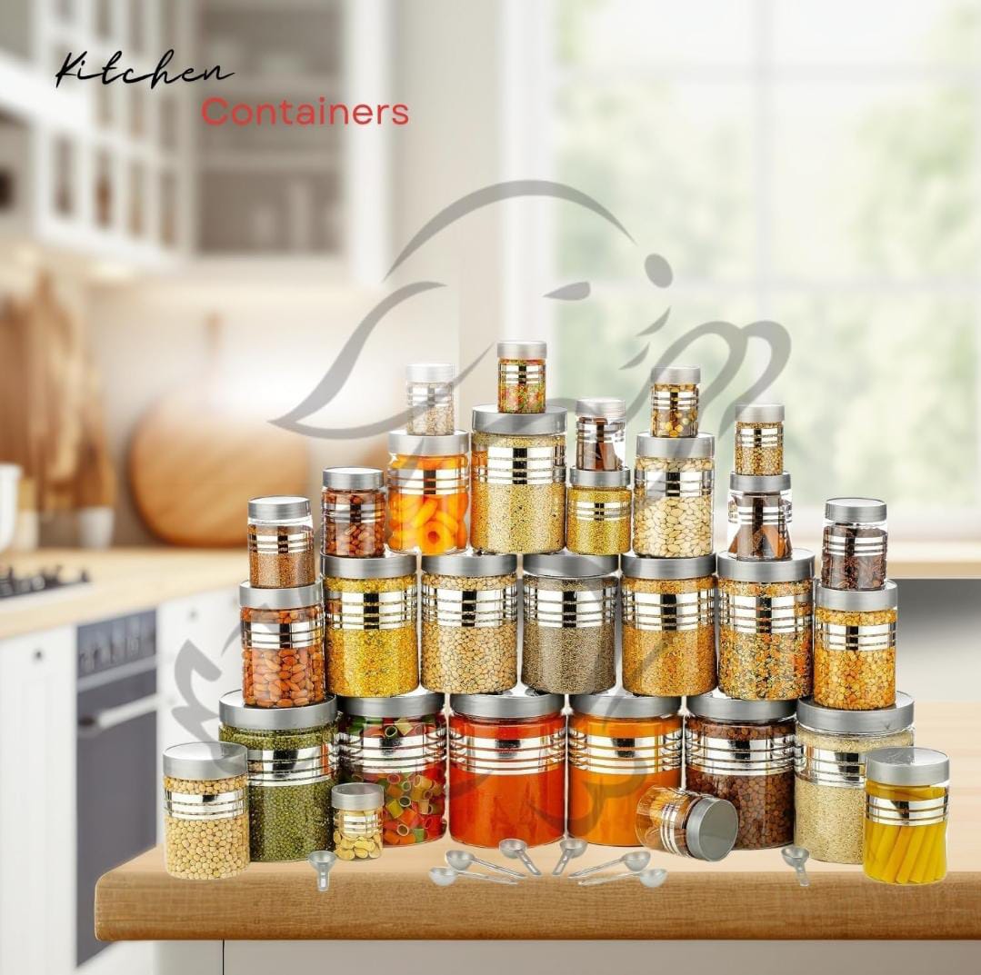 Zest Plastic Pet Storage Jar and Container, Set of 24 With Spoons Air Tight | Kitchen Organiser Improved Model Silver line Printed