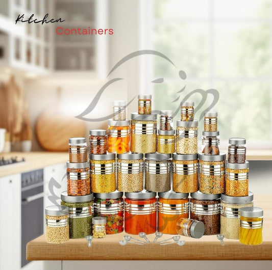 Zest Plastic Pet Storage Jar and Container, Set of 24 With Spoons Air Tight | Kitchen Organiser Improved Model Silver line Printed