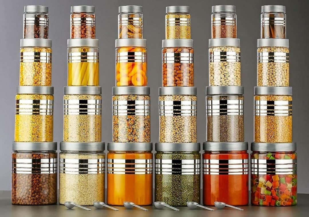 Zest Plastic Pet Storage Jar and Container, Set of 24 With Spoons Air Tight | Kitchen Organiser Improved Model Silver line Printed