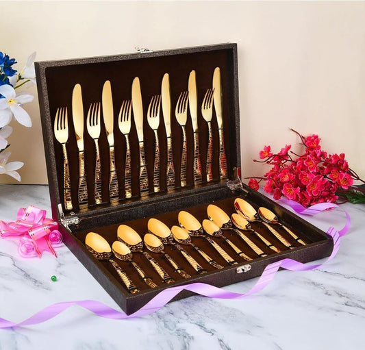 Zest  Gold Boston 24 Pcs Cutlery Set in Gift Box Packaging ,6 Dinner Spoon, 6 Dinner Fork, 6 Teaspoon, Six Dinner Knive