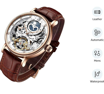 Zest Pantonic Men's Luxury Skeleton Automatic Watch | Self-Winding Leather Strap Mechanical Wristwatch
