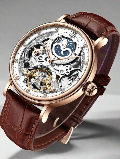 Zest Pantonic Men's Luxury Skeleton Automatic Watch | Self-Winding Leather Strap Mechanical Wristwatch