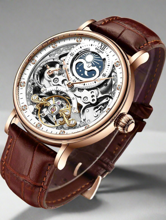 Zest Pantonic Men's Luxury Skeleton Automatic Watch | Self-Winding Leather Strap Mechanical Wristwatch